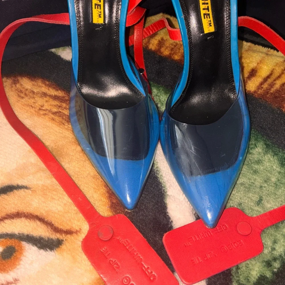 Off-White Blue and Black Pointed Patent Pumps with Red Straps